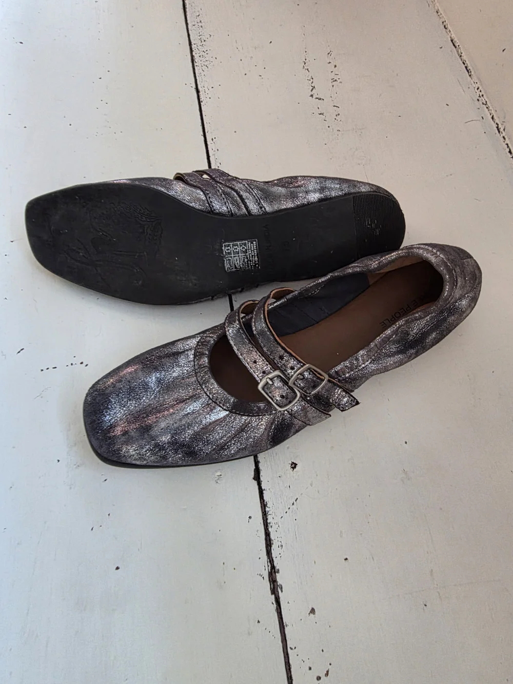 Silver Metallic Mary Jane Ballet Slippers, Flat with Double Buckle